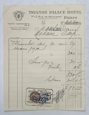 16.CHITANTA ELIBERATA FAMILIILOR DOCTORULUI CONSTANTIN DANIEL SI ANTON CARP , DE HOTELUL &amp;#039; TRIANON PALACE &amp;#039; DIN PARIS , 1932 foto