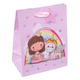 Sacoșă Cadou, Model Prințesă și Unicorn, Roz, 11x6x14cm, Oem