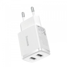 Incarcator Retea Baseus Compact, 10.5W, 2.1A, 2 x USB-A, Alb CCXJ010202