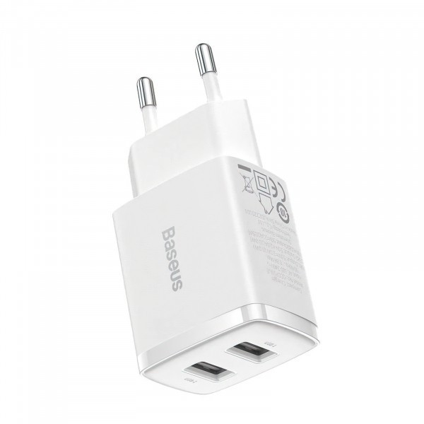 Incarcator Retea Baseus Compact, 10.5W, 2.1A, 2 x USB-A, Alb CCXJ010202
