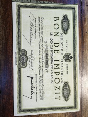 Bon de Impozit, Ministerul Finantelor, 1000 lei,1933, UNC, semnat Bratianu,rara foto