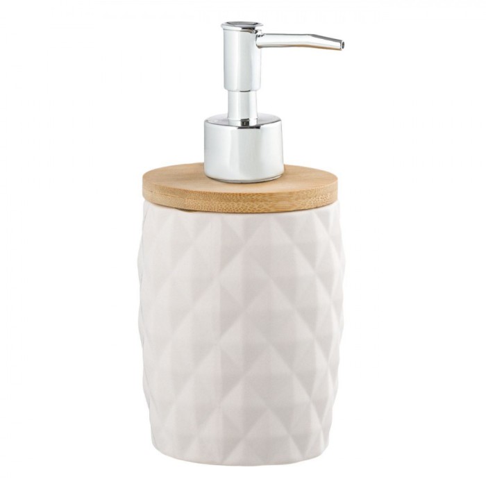 Dozator Lichid Ceramic, Model Diamond, Capac Bambus, Culoare Alb, Capacitate 340 ml