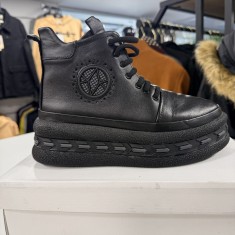 Ghete Damă din Piele Naturală 100% &ndash; Talpă Platformă Groasă, Model Urban Style, Negre, &Icirc;n cutie, Nou