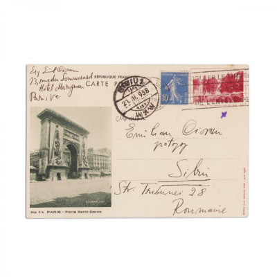 Emil Cioran, carte poștală pentru părinții săi, 21 februarie 1938 foto