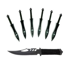 Set Cutit de vanatoare Extreme Battle si sase cutite de aruncat, Black Fury, otel inoxidabil, teaca inclusa