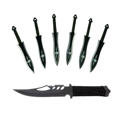 Set Cutit de vanatoare Extreme Battle si sase cutite de aruncat, Black Fury, otel inoxidabil, teaca inclusa foto