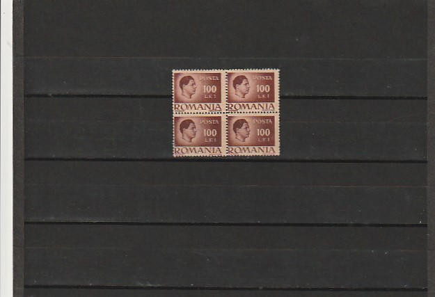 RO - 1945 LP 188 MIHAI I VAL 100 LEI BLOC DE 4 TIMBRE EROARE DANTELATURA DR. MNH