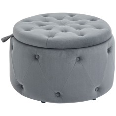 HOMCOM Puf, rotund, cu spațiu de depozitare, model matlasat cu butoane, catifea, gri, 60 x 60 x 40 cm | Aosom Romania