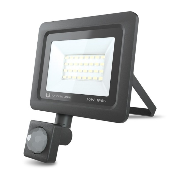 Proiector Forever Light Proxim, 32 LED-uri, 30 W, 4500 K, 2400 lm, IP66, 150 mA, senzor de miscare, aluminiu, sticla, Negru