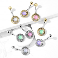 Piercing pentru buric, din oțel - cerc convex cu cristale transparente, piatră epoxidică colorată - Culoare Piercing: Argintiu - roz