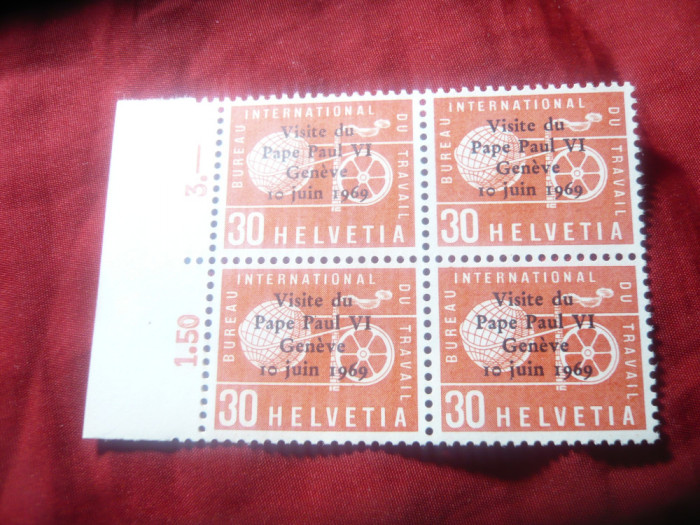 Bloc Elvetia 1969 supratipar Vizita Papei Paul VI Geneva , 4 val. margine coala