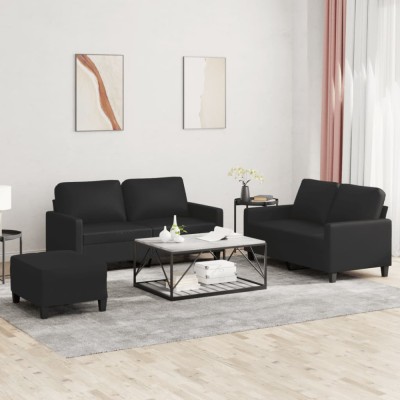 vidaXL Set de canapele cu perne, 3 piese, negru, piele ecologică foto