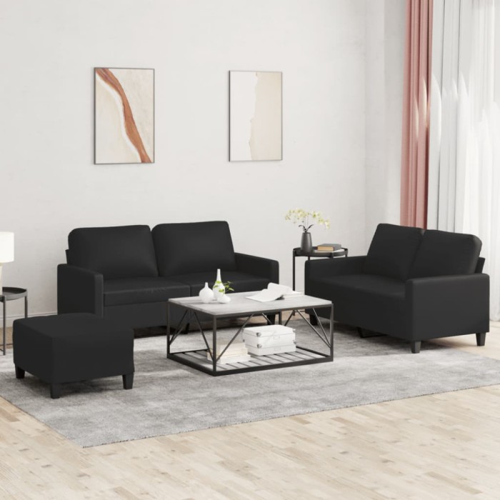 vidaXL Set de canapele cu perne, 3 piese, negru, piele ecologică