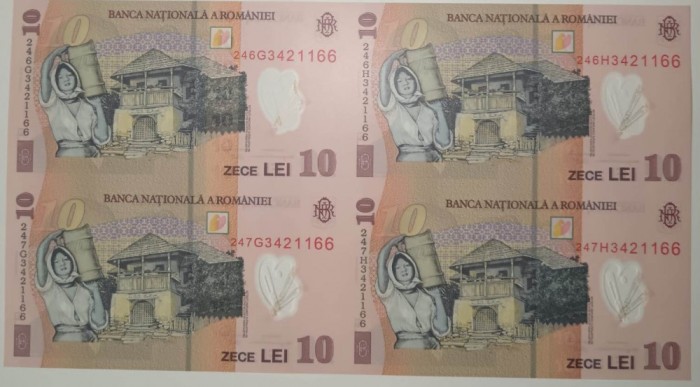 ROMANIA 10 LEI 2024 - In coala netaiata de 4 bancnote cu Certificat de Autenticitate UNC