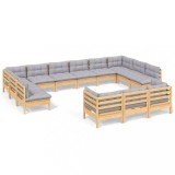 Cumpara ieftin Set mobilier gradina cu perne, 13 piese, gri, lemn de pin