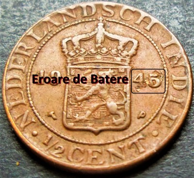 Moneda istorica 1/2 CENT - INDIILE OLANDEZE, anul 1945 * cod 2321 = ERORI BATERE foto