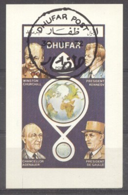 Dhufar 1972 Churchill, Kennedy, De Gaulle, mini imperf.sheet, used AI.011 foto