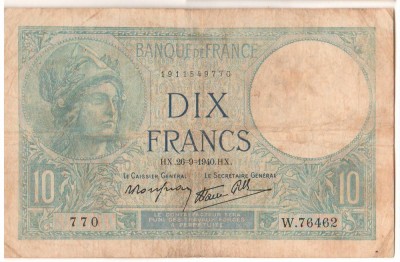 SV * Franta 10 FRANCI / DIX FRANCS 1940 * WWII foto