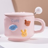 Cana ceramica, Cyrax, din Portelan, print Figurine Animalute, Cana penru Copii, Model CUTE, Cana cu Lingura si Capac, Ceasca pentru Cafea, Ceai, 400ml