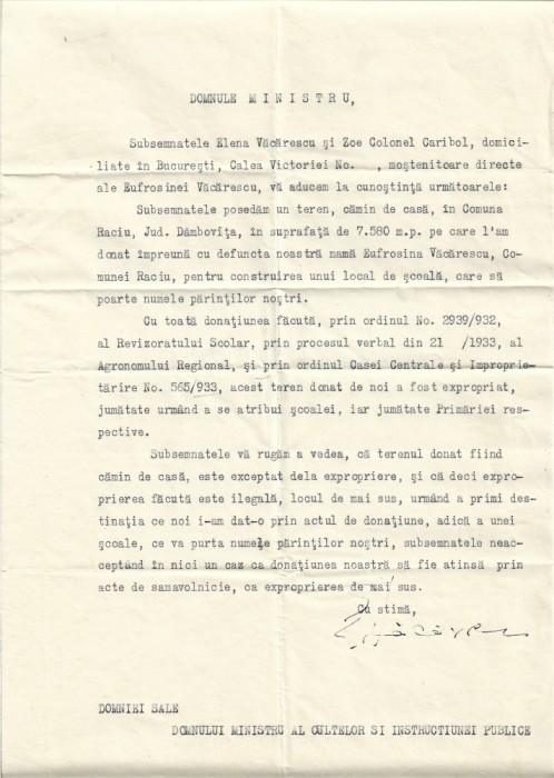 A3373N Petiție semnată olograf de Elena Văcărescu adresată ministrului Cultelor și Instrucțiunii Publice, anii 1930