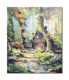 Cumpara ieftin Tablou peisaj pictat manual, La cabana din padure, 60x50cm ulei pe panza, Mircea Iordache