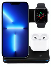 Incarcator wireless NEX NEX TECH? Qi Fast Charger 15W tip Statie de Incarcare 3 in 1, pentru Telefon, Casti, Apple Watch, Incarcare Rapida, Negru foto