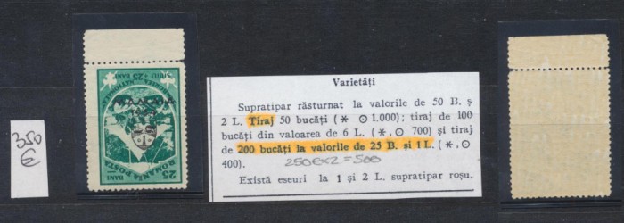 ROMANIA 1932 Jaboreea cercetasilor de la Mamaia timbru 25 Bani eroare cu supratipar ranversat tiraj 200 exemplare, MNH cu margine de coala.