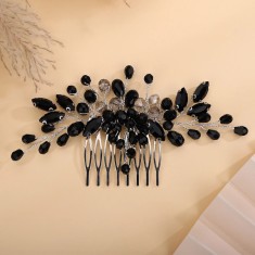 Accesoriu par argintiu, stil pieptene, cu margele si cristale negre, Mystery foto