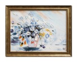 Cumpara ieftin Tablou impasto vaza cu flori pictat manual inramat, Ikebana, 45x35cm ulei pe panza, Valentin Pop