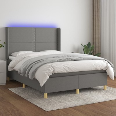 vidaXL Pat cu arcuri, saltea și LED, gri &amp;icirc;nchis, 140x190 cm, textil 3138790 foto