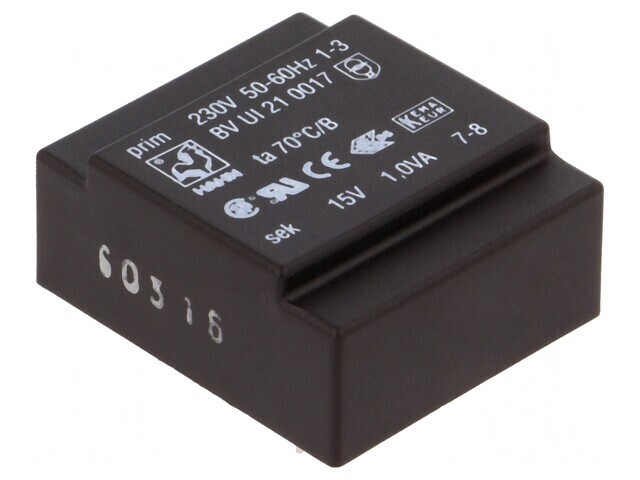 Transformator &icirc;ncapsulat 1VA 230V 15V 67mA PCB