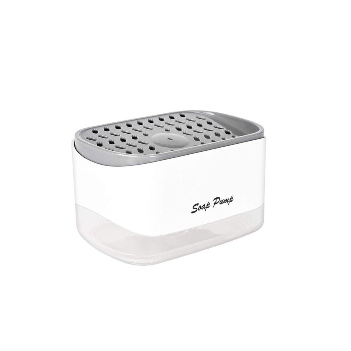 Dozator detergent de vase cu suport pentru burete, Sunmostar, ABS/Policarbonat, 13.97 x 9.91 x 8.51 cm, 355 ml, Alb/Gri