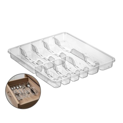 Organizator tacamuri si ustensile de bucatarie, 9 compartimente pentru sertar Koken, suport cutite, 43x39x5cm, Plastic/ Transparent foto