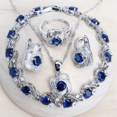 Set bijuterii placate cu argint 925, cu cristale de zirconiu albastru-safir