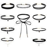 Set 10 Coliere Choker Catifea Neagra, Modele Diverse - Colier Femei, GOGOU&reg;