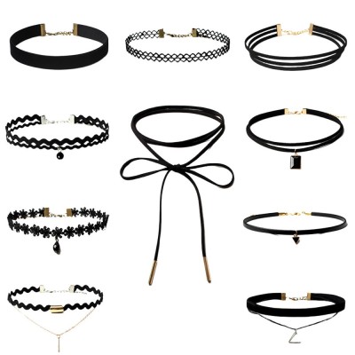 Set 10 coliere choker, GOGOU&amp;reg;, Catifea, Negru foto