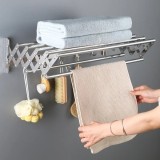 Cumpara ieftin Suport pliabil pentru prosoape, din inox, cu 7 bare, 5 carlige, dimensiuni 12-35.5 cm x 58 cm x 14.5 cm, fixare pe perete, argintiu
