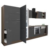 Mobilă de bucătărie Yorki 370, corp din stejar Yorki, front antracit satinat cu element cuptor inferior, dulap cu rafturi și frigider congelator infer