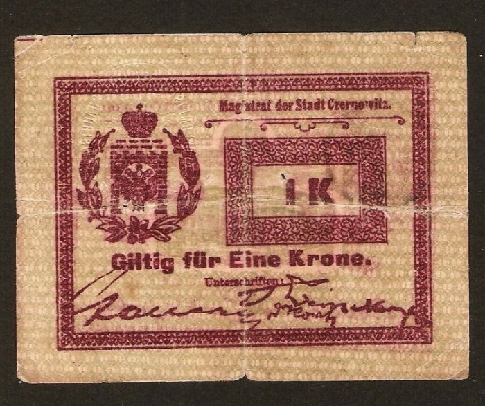 ROMANIA Bucovina Cernauti Czernowitz Bani necesitate 1 Koroana 1914 . Rara