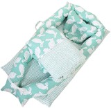 Set Baby Nest Portabil Bebe cu Lenjerie, Perna, Bumper Protectie, Bumbac 100%, 80x50 cm + Personalizare Nume