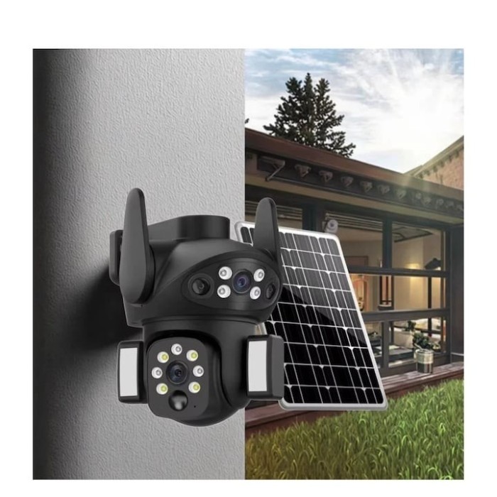 Camera de supraveghere pentru exterior, cu audio bidirecțional, zoom optic 36x, rezistentă la intemperii, 2MP, Full HD, cu panou solar inclus, negru