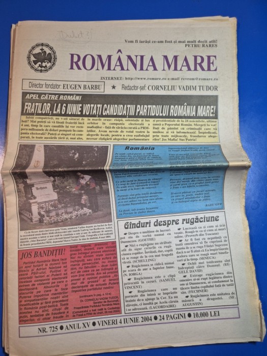 ziarul romania mare 4 iunie 2004 - redactor sef corneliu vadim tudor
