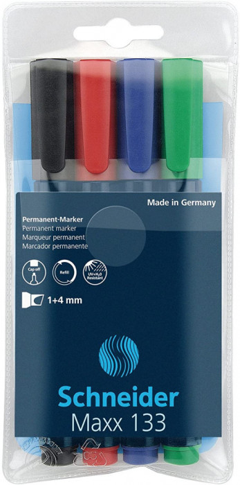 Permanent Marker Schneider Maxx 133, Varf Tesit 1+4mm, 4 Culori/set - (n, R, A, V)