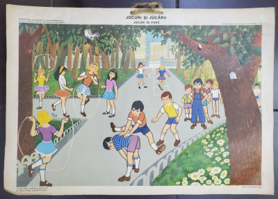 JOCURI IN PARC , grafica de MIHAIL GION , PLANSA DIDACTICA NR. 49 , 1977 foto