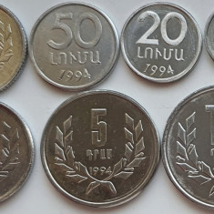 set 7 monede Armenia 10, 20, 50 luma 1, 3, 5, 10 Dram 1994 UNC - A024