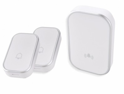 Sonerie fara fir 2 transmitatoare - comutator cu baterie 12V (2 butoane) si 1 receptor alb ( 1 sonerie) la priza , IP44 foto