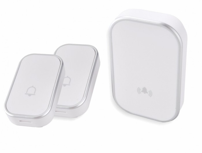 Sonerie fara fir 2 transmitatoare - comutator cu baterie 12V (2 butoane) si 1 receptor alb ( 1 sonerie) la priza , IP44