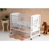 Patut bebe lemn Qmini Timmi Elephant 120x60 cm alb, 3 nivele, laterala cu 3 bete + saltea cocos 12 cm