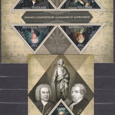 DB1 Pictura Togo Compozitori Bach Mozart Haydn Gluck Beethoven MS + SS MNH