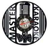 Ceas de perete decorativ Master Karaoke, realizat din disc de vinil upcycled, model Microfon Vintage si Papion, negru, 30 cm